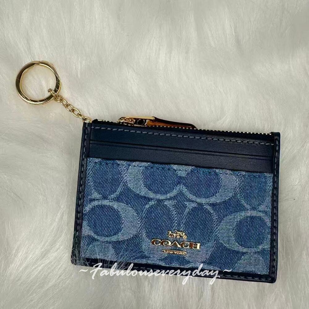 Coach Mini Skinny Id Case In Signature Denim With Keyring CDF94 NWT